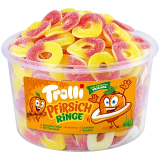 Želé TROLLI Broskvové kroužky 8 g (dóza 150 ks) - kyselé