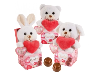 Plyšový zvířátko & SRDÍČKO + čokoládové pralinky GÜNTHART 54 g - MEDVÍDEK, ZAJÍČEK, PEJSEK