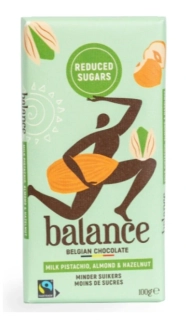 Belgická čokoláda BALANCE 100 g BEZ PŘIDANÉHO CUKRU - MLÉČNÁ s PISTÁCIEMI, MANDLEMI a OŘÍŠKY