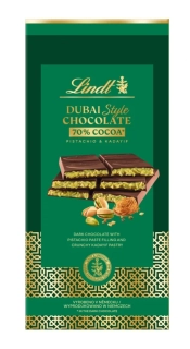 Lindt DUBAI STYLE CHOCOLATE 145 g HOŘKÁ s pistáciemi a cukrářskými nitěmi - výprodej DMT: 28.2.2026